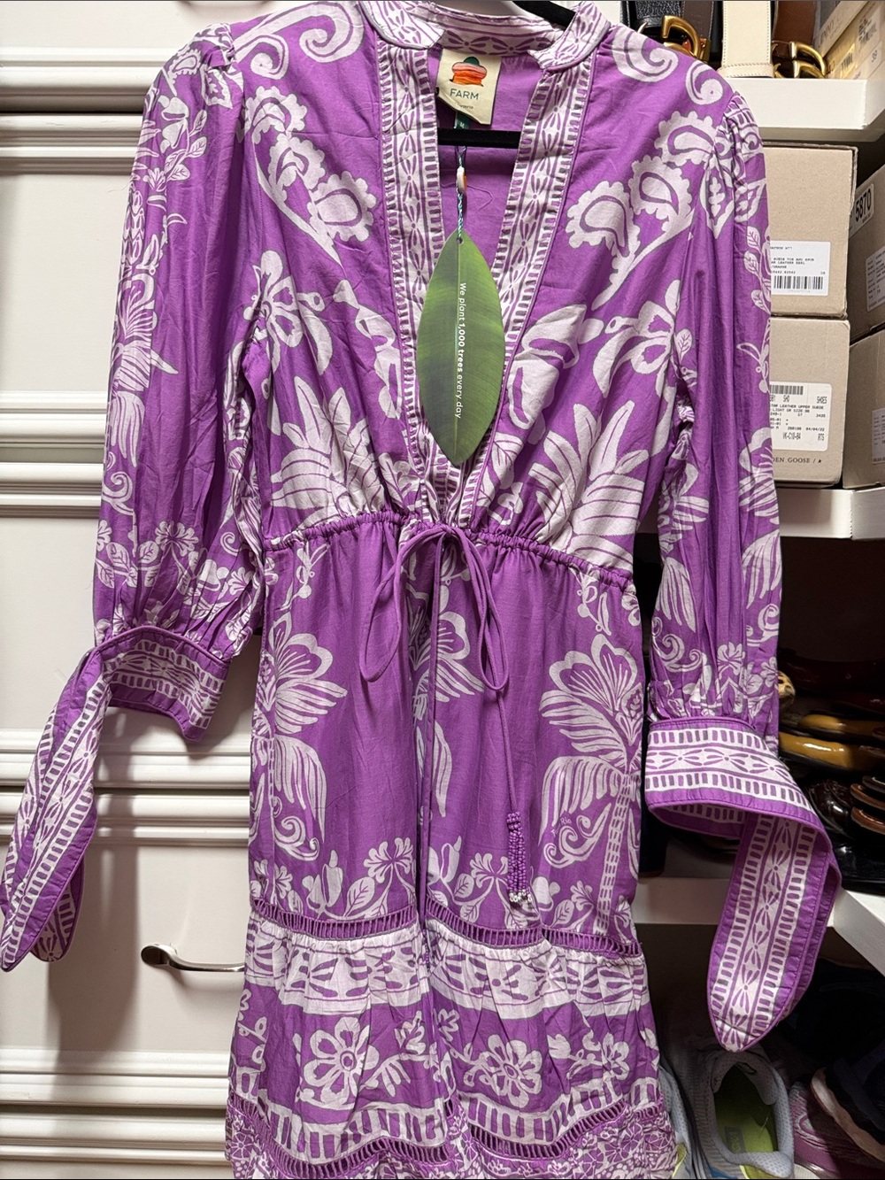 FARM Rio lilac and White Floral Tie-Waist Mini Dress